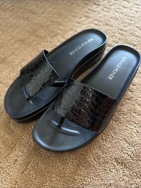 Donald J. Pliner Black Croc-Embossed Platform Toe-Post Slides